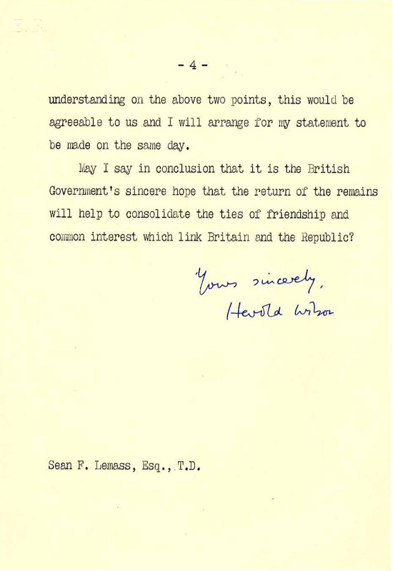 Letter from Prime Minister Wilson to Taoiseach Sean Lemass, agreeing to the return of Casement's remains