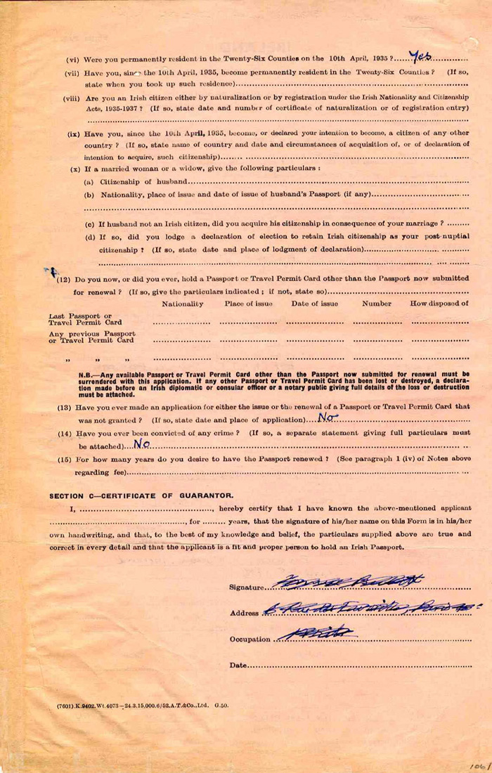 Passport application of Samuel Beckett, 1957