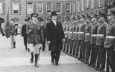 Photograph of President Eamon de Valera inspecting the troops at Dublin Castle on the day of his inauguration as President of Ireland, 25 June 1959. 