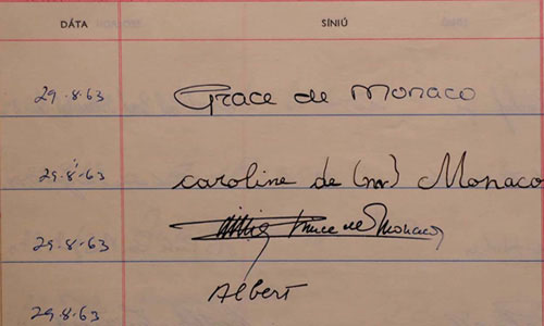 Signatures of Prince Rainier Grimaldi III of Monaco, his wife Princess Grace and children Caroline and Albert, in the ras Visitors' Book, 29 August 1963