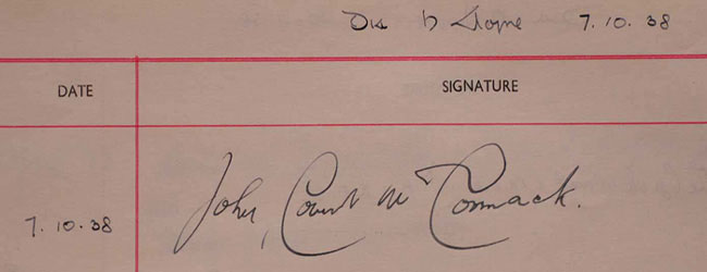 Signature of the tenor Count John McCormack in the ras Visitors' Book, ras, 7 October 1938.