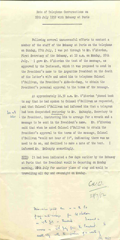Note of telephone conversations on 28 July 1952 with the Irish Embassy in Paris, regarding the death of Eva Peron, wife of the Argentinian President.