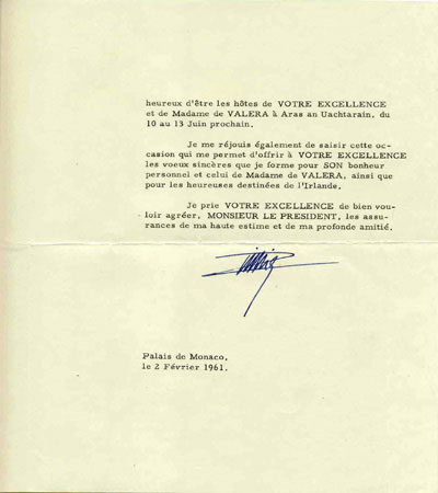 Letter from Prince Rainier of Monaco dated 2 February 1961, to President Eamon de Valera, accepting the invitation from the President for himself and Princess Grace to attend the International Festival of Music and Arts in Dublin in June of that year.