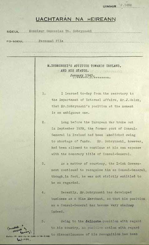 Memorandum dated 1 January 1940, regarding Monsieur Wenceslas T. Dobrzynski, the Polish Consul General, his attitude towards Ireland and his status.