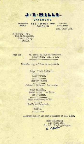 Copy of menu dated 23 June 1945, for lunch at ras an Uachtarin to celebrate the inauguration of the new President, Sen T.  Ceallaigh, on 25 June 1945. 