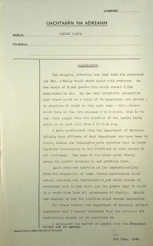 Memorandum dated 5 June 1946, concerning handshaking at the forthcoming summer garden party at ras an Uachtarin. 