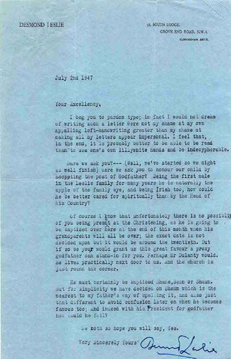 Letter dated 2 July 1947, from Desmond Leslie to President Sen T.  Ceallaigh, requesting that he act as godfather to Leslie's newborn son.