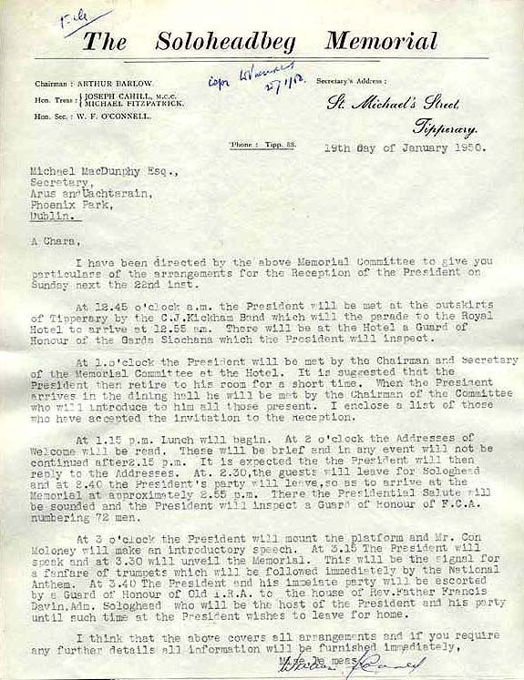 Letter from William F. Connell, secretary of the Soloheadbeg Memorial Committee, dated 19 January 1950, relating to the reception for President Sen T.  Ceallaigh, at the unveiling of a memorial at Soloheadbeg, Co. Tipperary.
