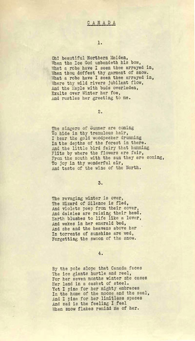 Poem entitled 'Canada', composed in October 1940 by President Douglas Hyde. 