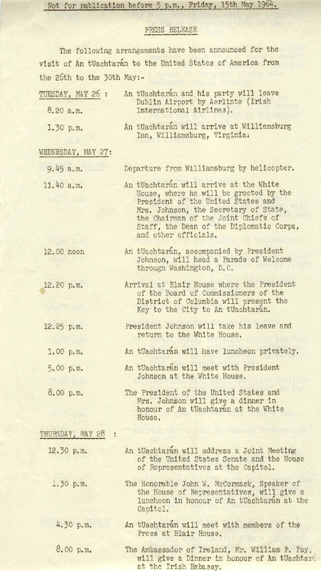 Typescript press release, issued 15 May 1964, announcing arrangements for the visit of President de Valera to the United States of America from 26 to 30 May 1964.