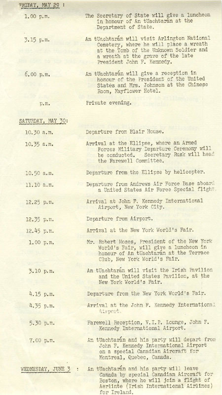 Typescript press release, issued 15 May 1964, announcing arrangements for the visit of President de Valera to the United States of America from 26 to 30 May 1964.