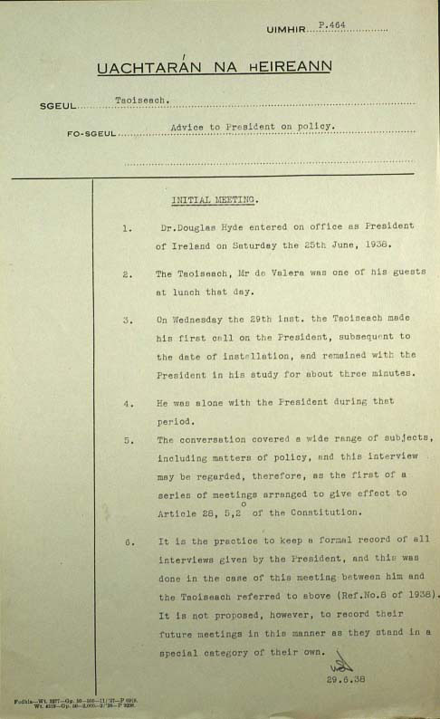Memorandum dated 29 June 1938, concerning the first call of Taoiseach Eamon de Valera on President Douglas Hyde. 