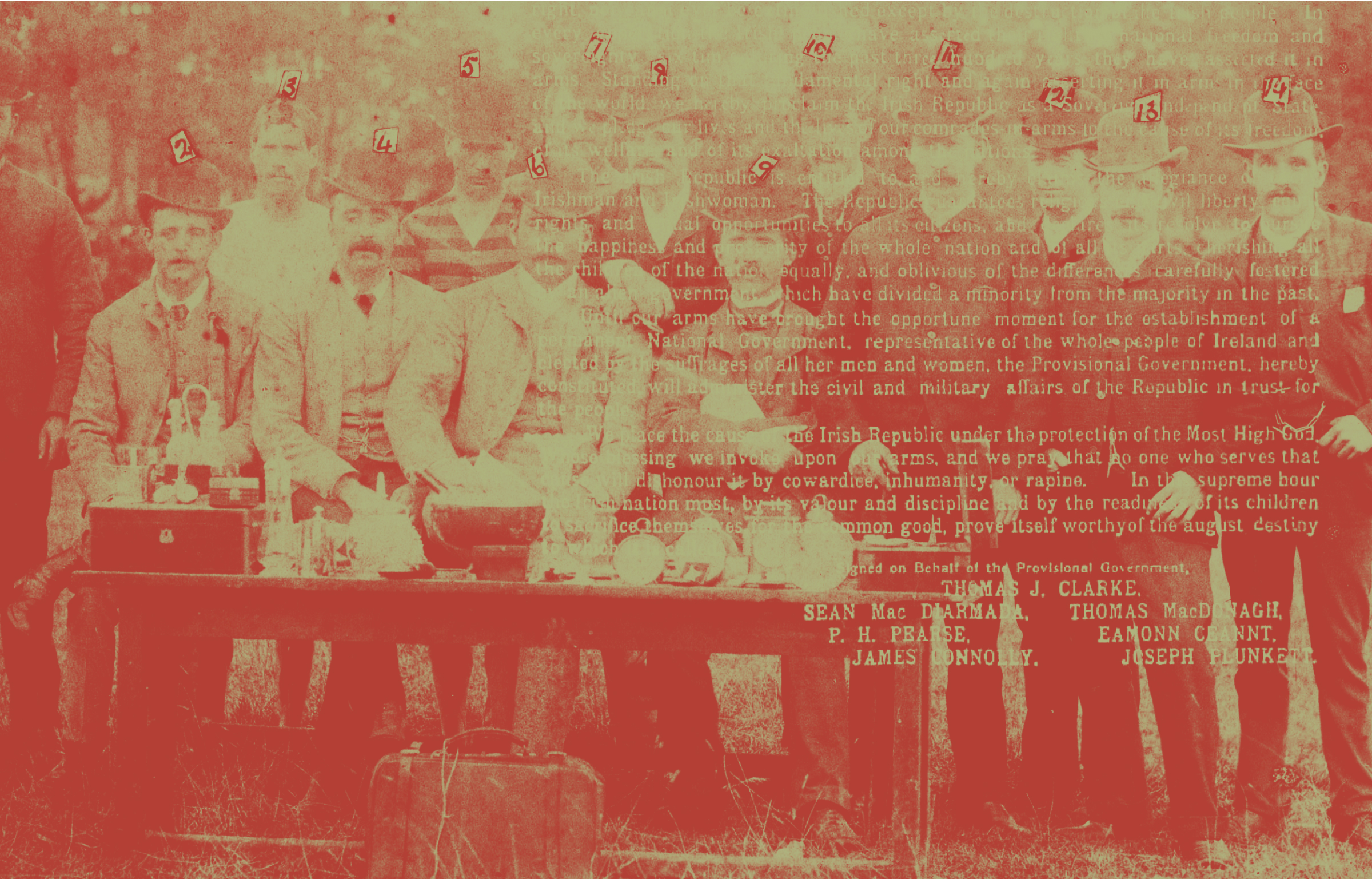 A group of men posing in an old photograph with a section of the Irish Proclamation overlaid on top