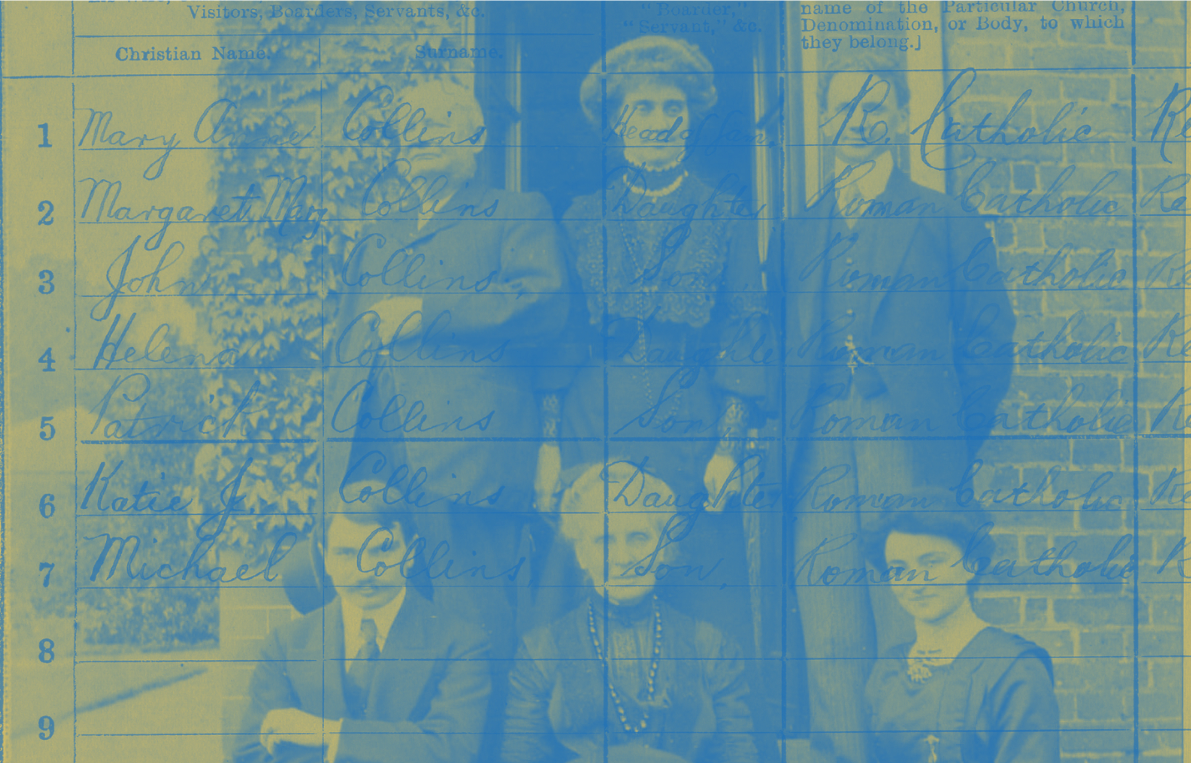 Image from the start of the 20th century of a family in Ireland in front of a cottage, overlaid with an image of a census from the time.