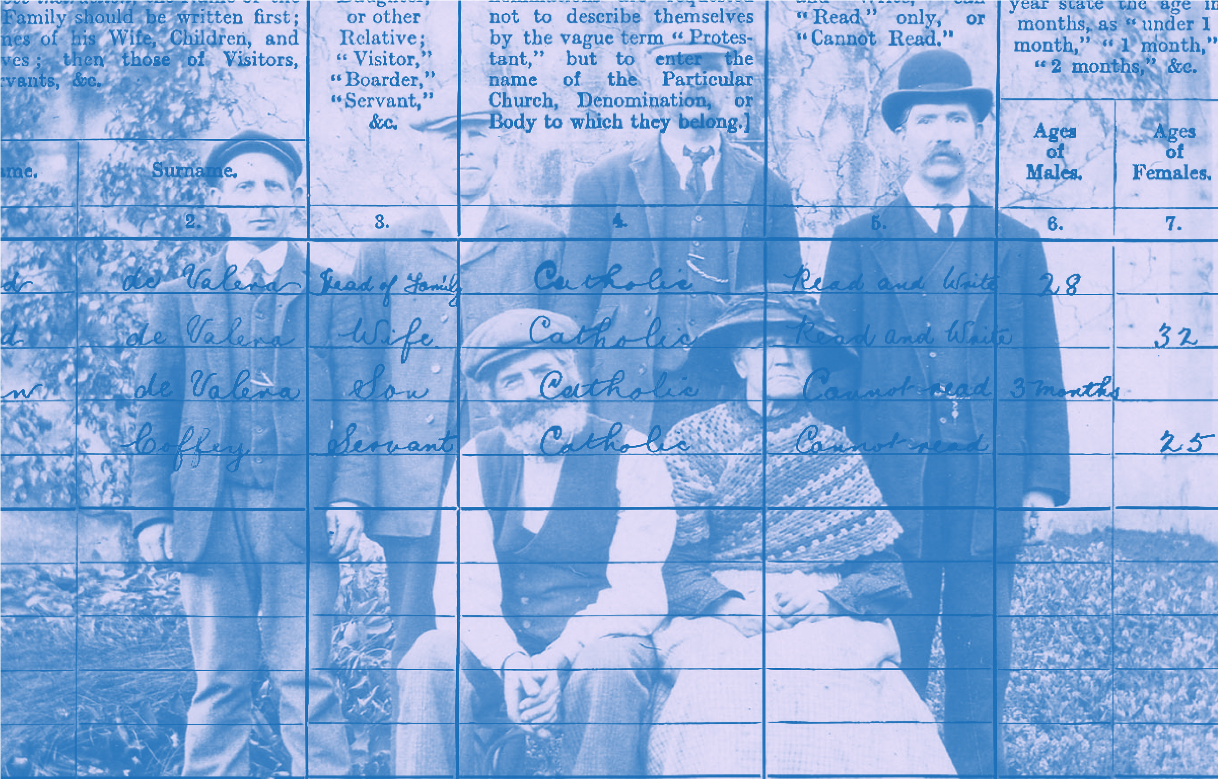 Blue tinted collage showing a family in Ireland from the early 20th century, overlaid with an abstract section of a census form from the time.