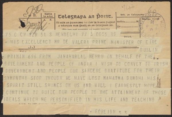 Telegram from President De Valera to people of India