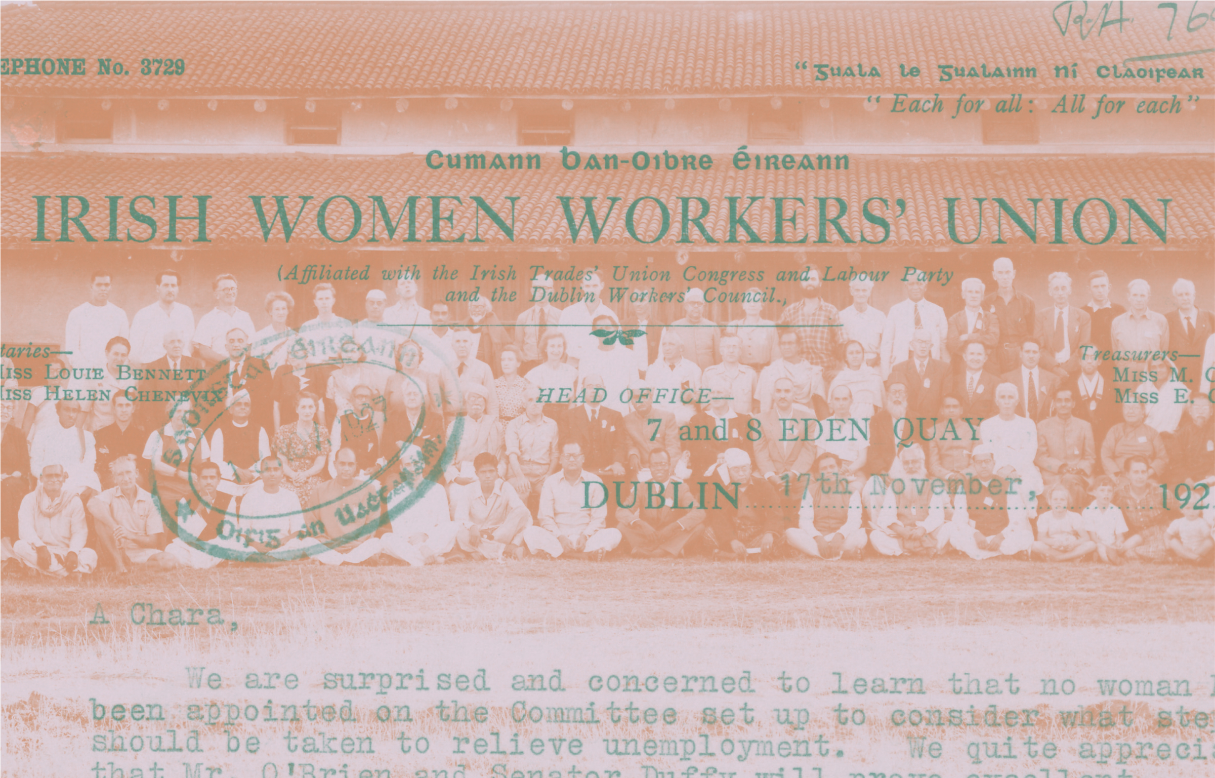 A Cumann na mban group photograph with a headed letter from the group overlaid on the image