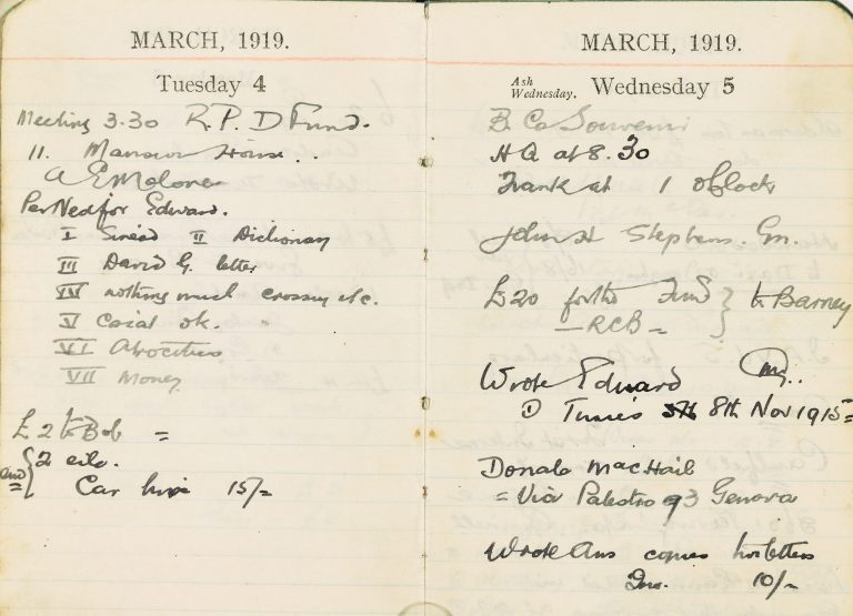 Michael Collins’ 1919 Diary - Display opening 4-5 March 1919. National Archives 2021/110/2            